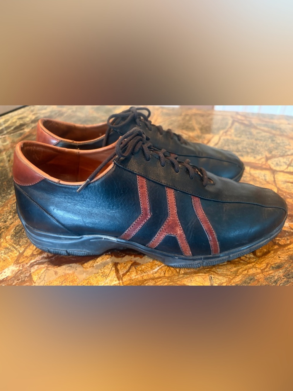 Men's Black Leather Lace-Up Sneakers with Brown Accents, 9D